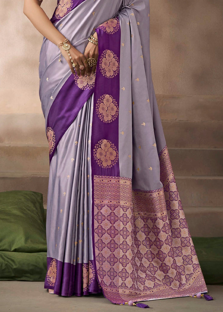 Light Steel Blue Satin Silk Saree with Zari Border & Embroidered Blouse