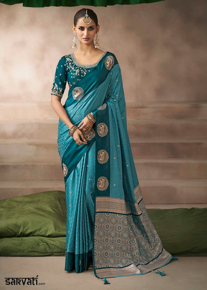 Bondi Blue Satin Silk Saree with Zari Border & Embroidered Blouse