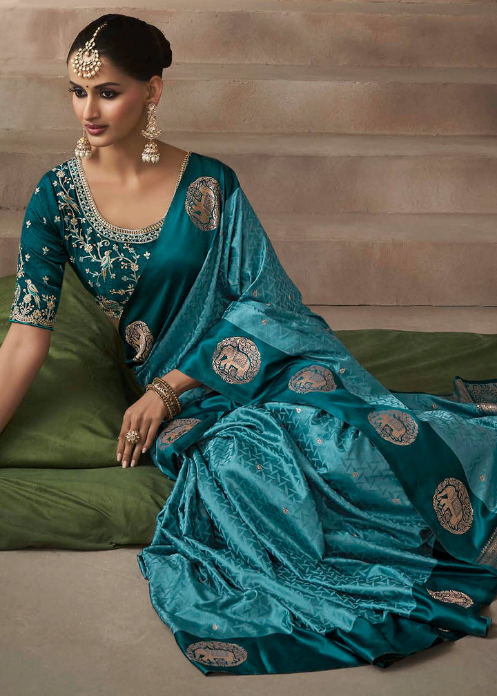 Bondi Blue Satin Silk Saree with Zari Border & Embroidered Blouse