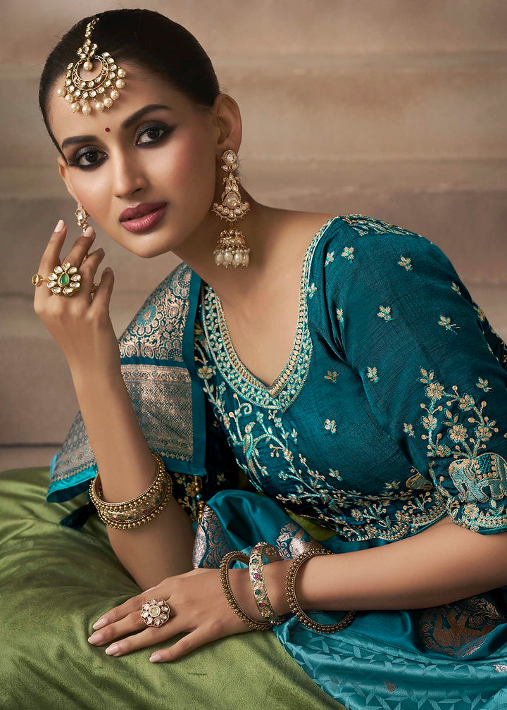Bondi Blue Satin Silk Saree with Zari Border & Embroidered Blouse