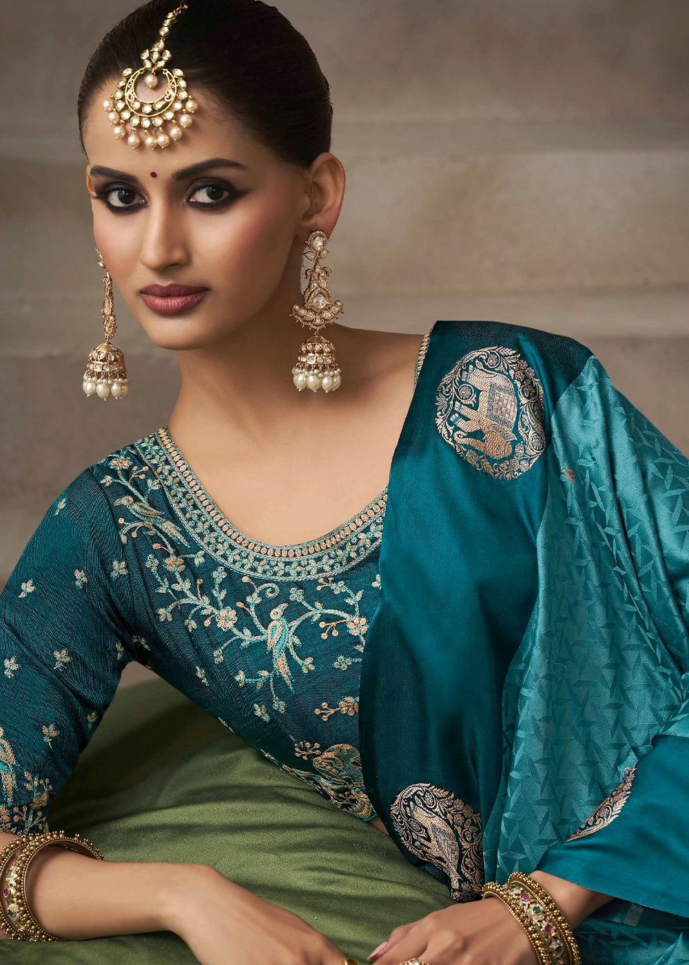 Bondi Blue Satin Silk Saree with Zari Border & Embroidered Blouse