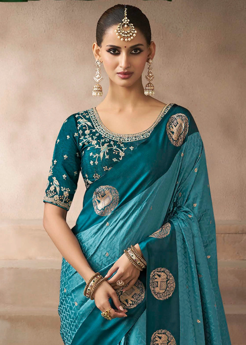 Bondi Blue Satin Silk Saree with Zari Border & Embroidered Blouse