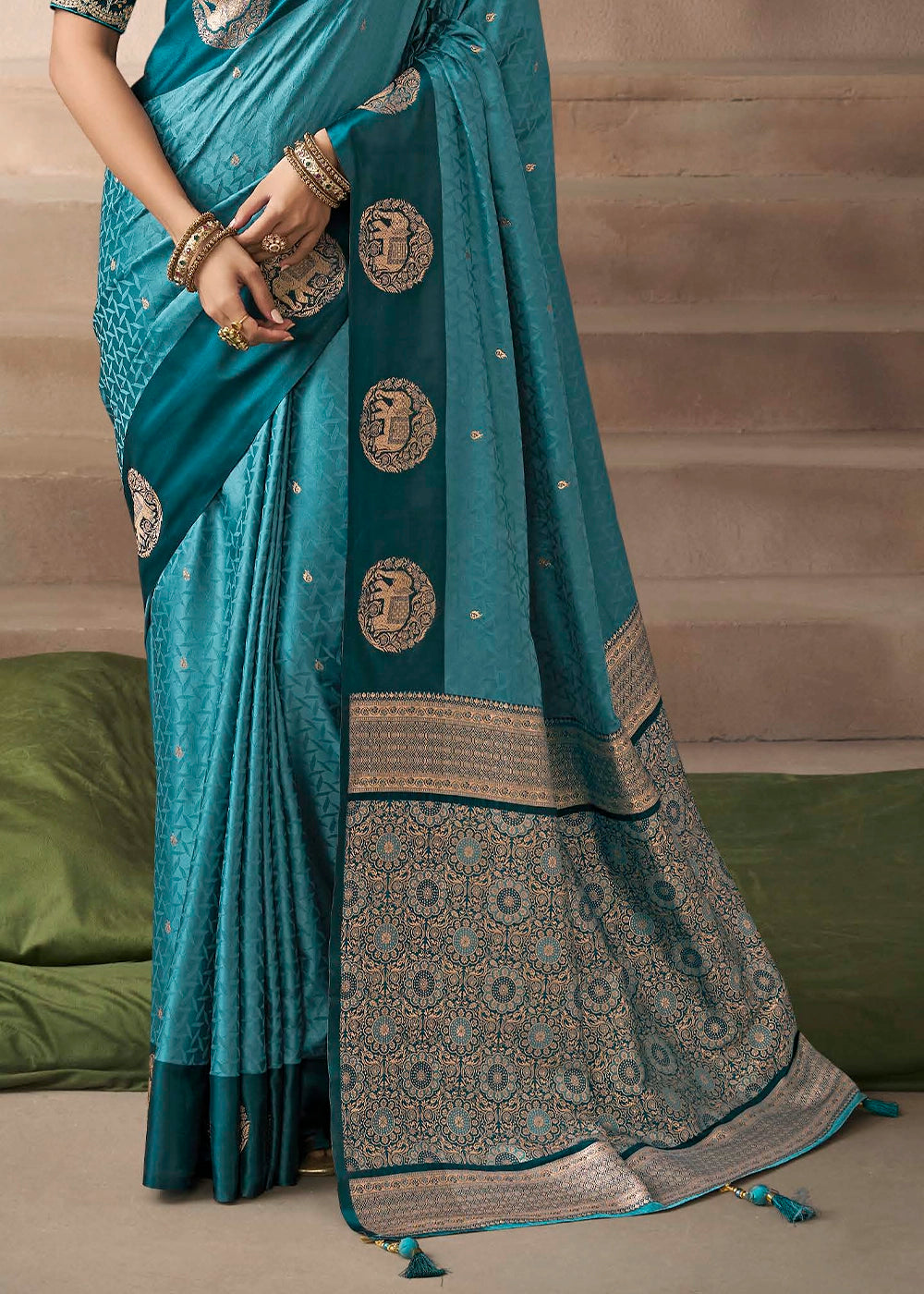 Bondi Blue Satin Silk Saree with Zari Border & Embroidered Blouse