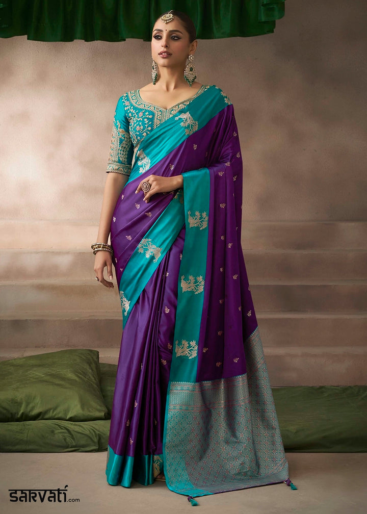 Grape Purple Satin Silk Saree with Zari Border & Embroidered Blouse