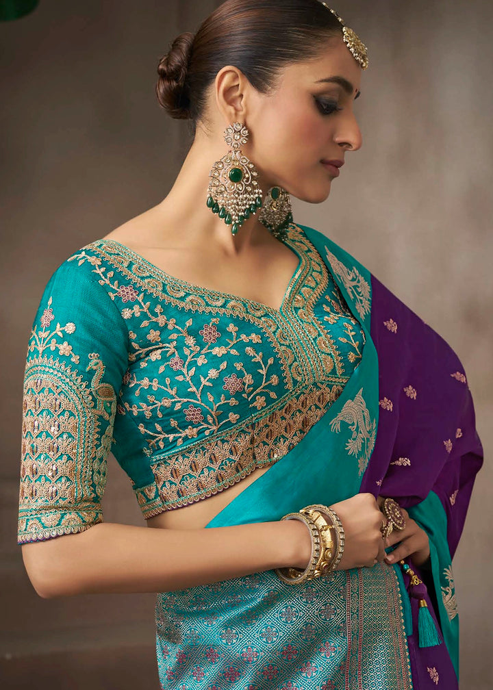 Grape Purple Satin Silk Saree with Zari Border & Embroidered Blouse