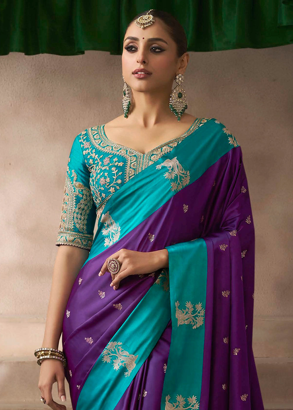 Grape Purple Satin Silk Saree with Zari Border & Embroidered Blouse