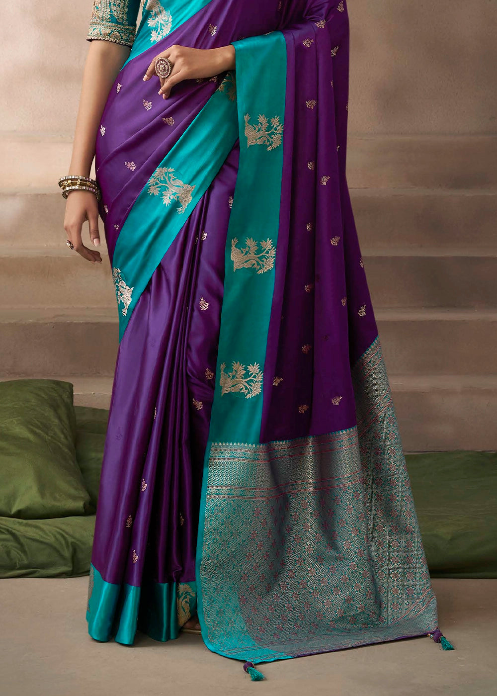 Grape Purple Satin Silk Saree with Zari Border & Embroidered Blouse