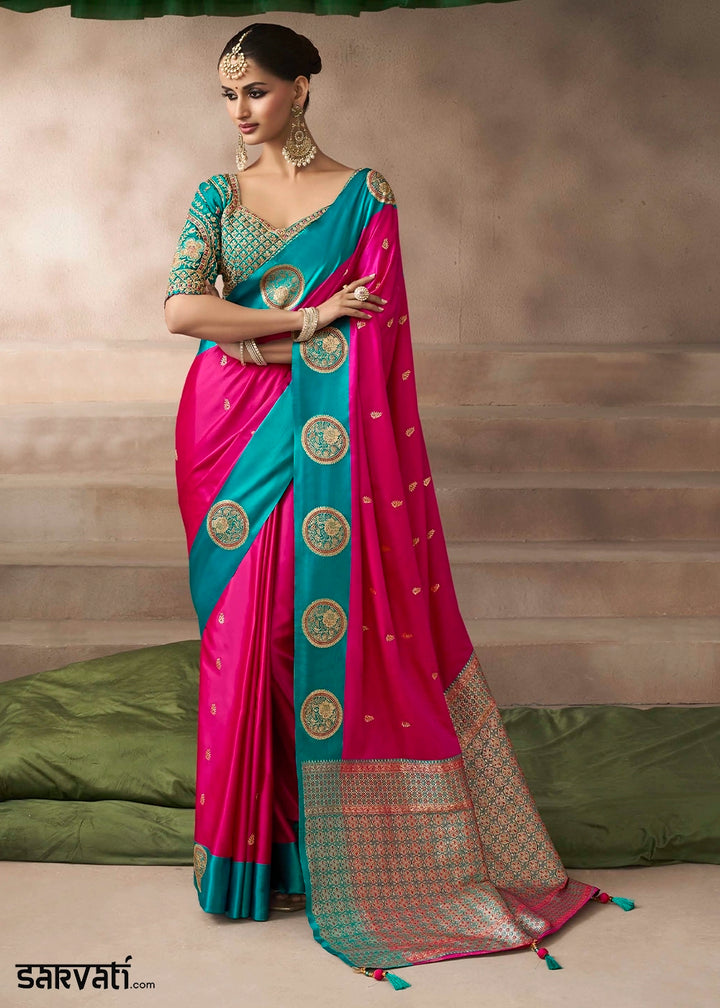 Magenta Pink Satin Silk Saree with Zari Border & Embroidered Blouse