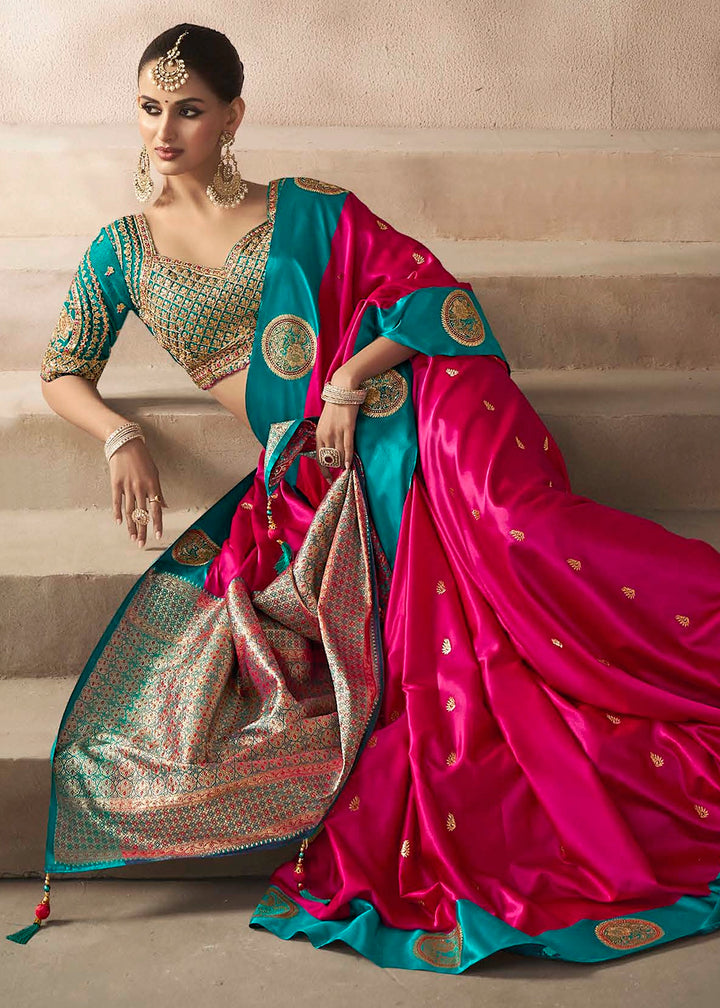 Magenta Pink Satin Silk Saree with Zari Border & Embroidered Blouse