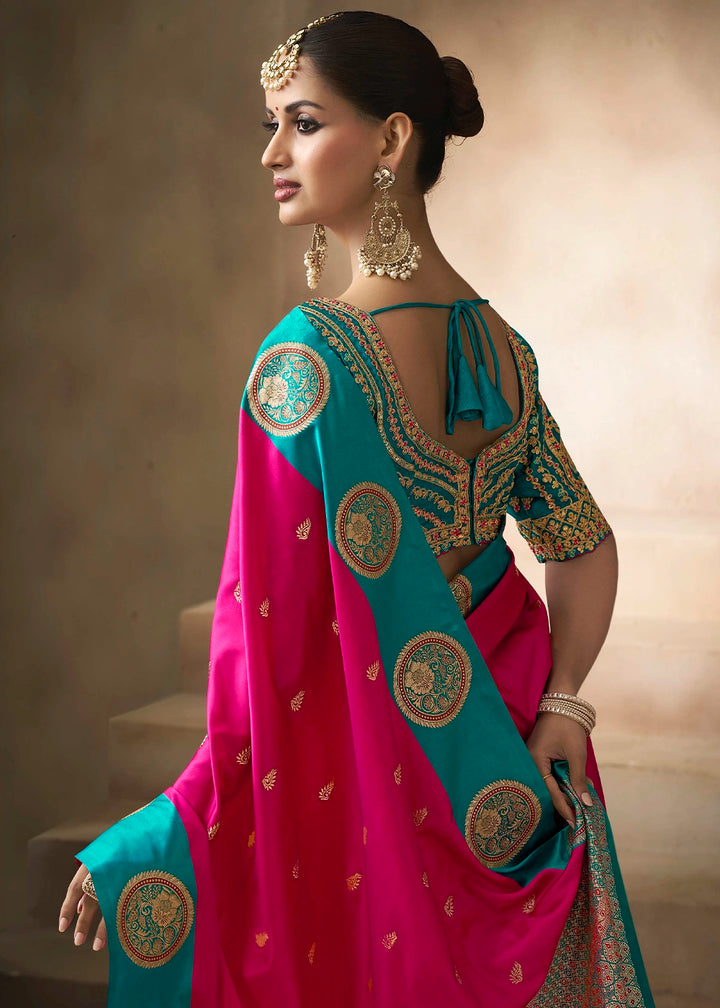 Magenta Pink Satin Silk Saree with Zari Border & Embroidered Blouse