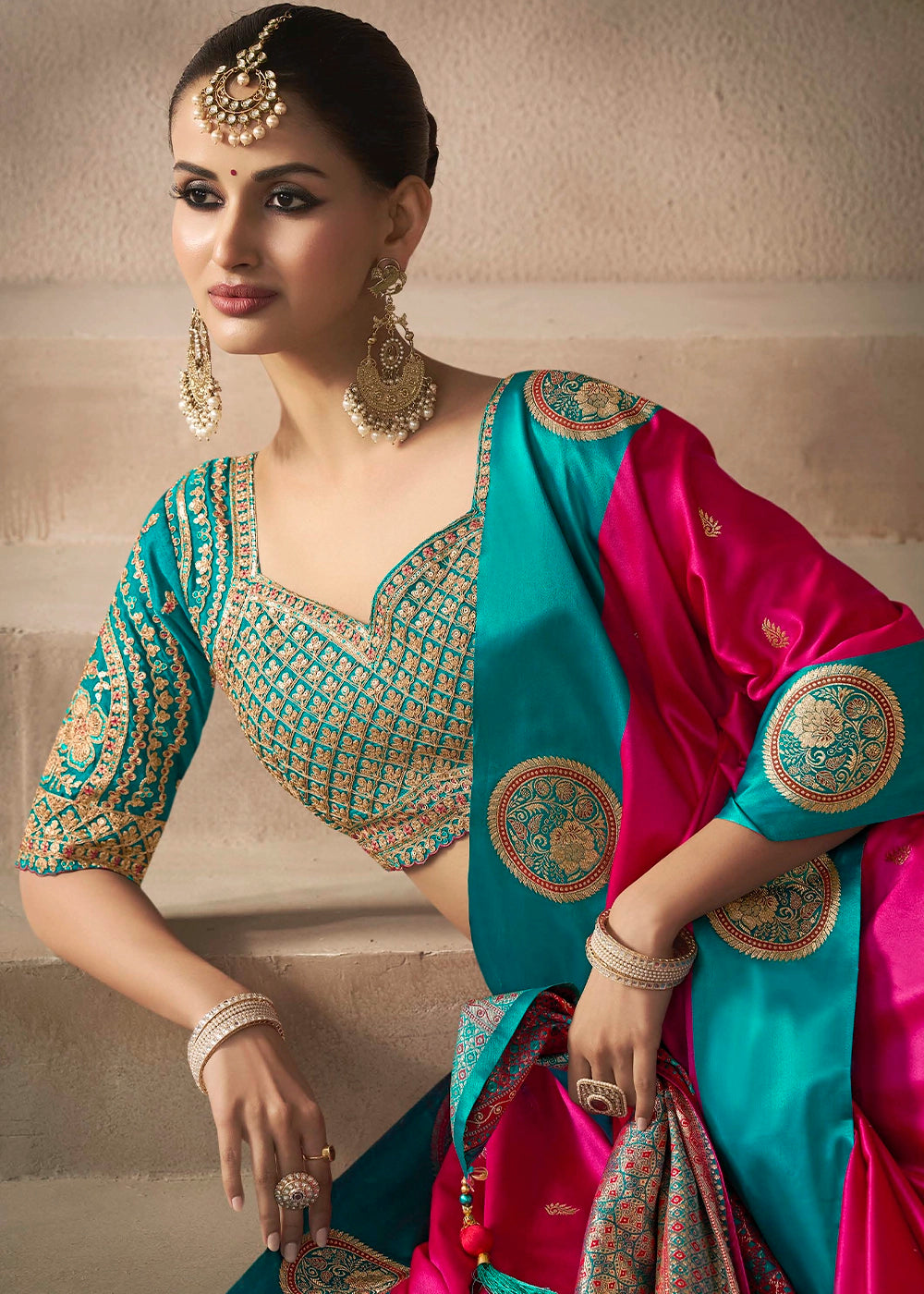 Magenta Pink Satin Silk Saree with Zari Border & Embroidered Blouse