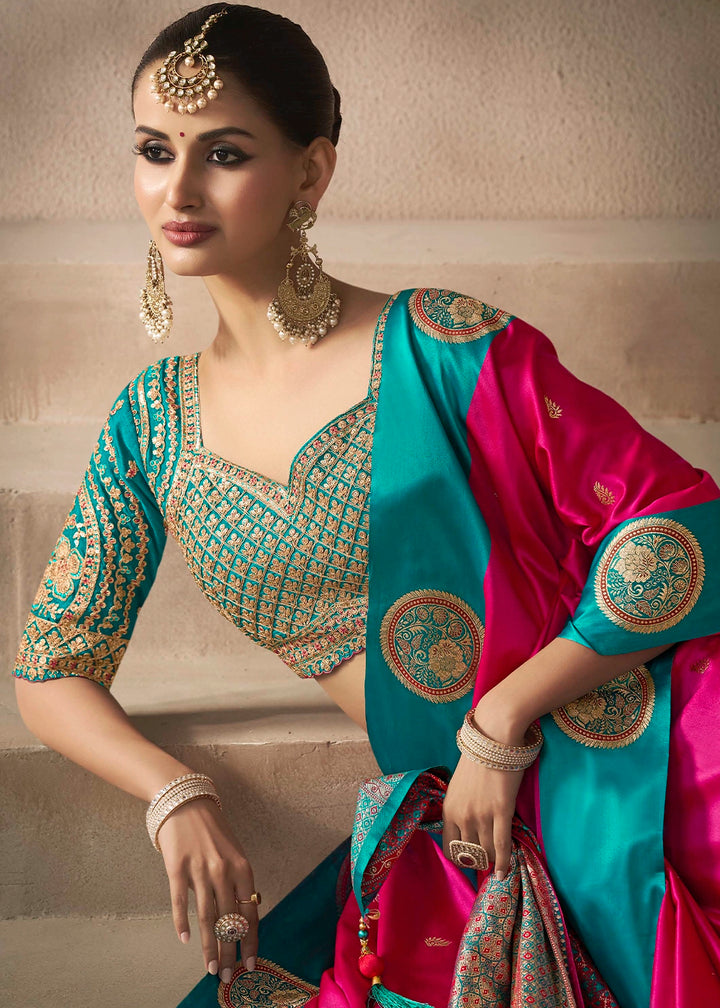 Magenta Pink Satin Silk Saree with Zari Border & Embroidered Blouse