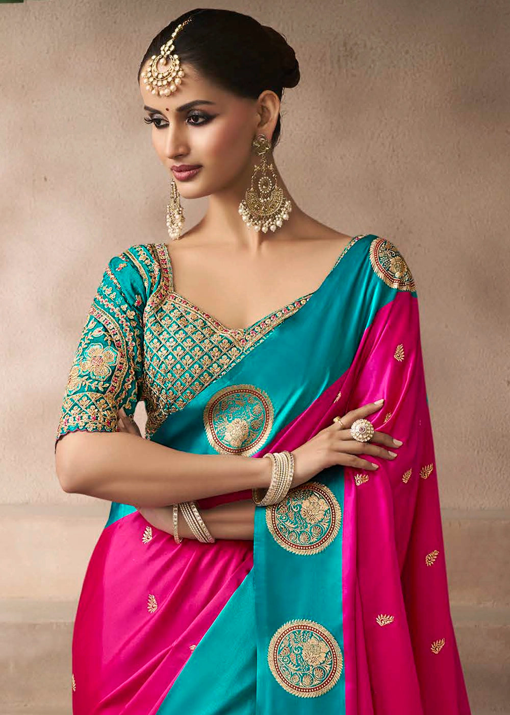 Magenta Pink Satin Silk Saree with Zari Border & Embroidered Blouse