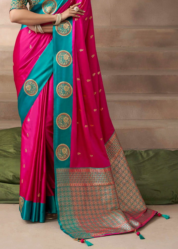 Magenta Pink Satin Silk Saree with Zari Border & Embroidered Blouse