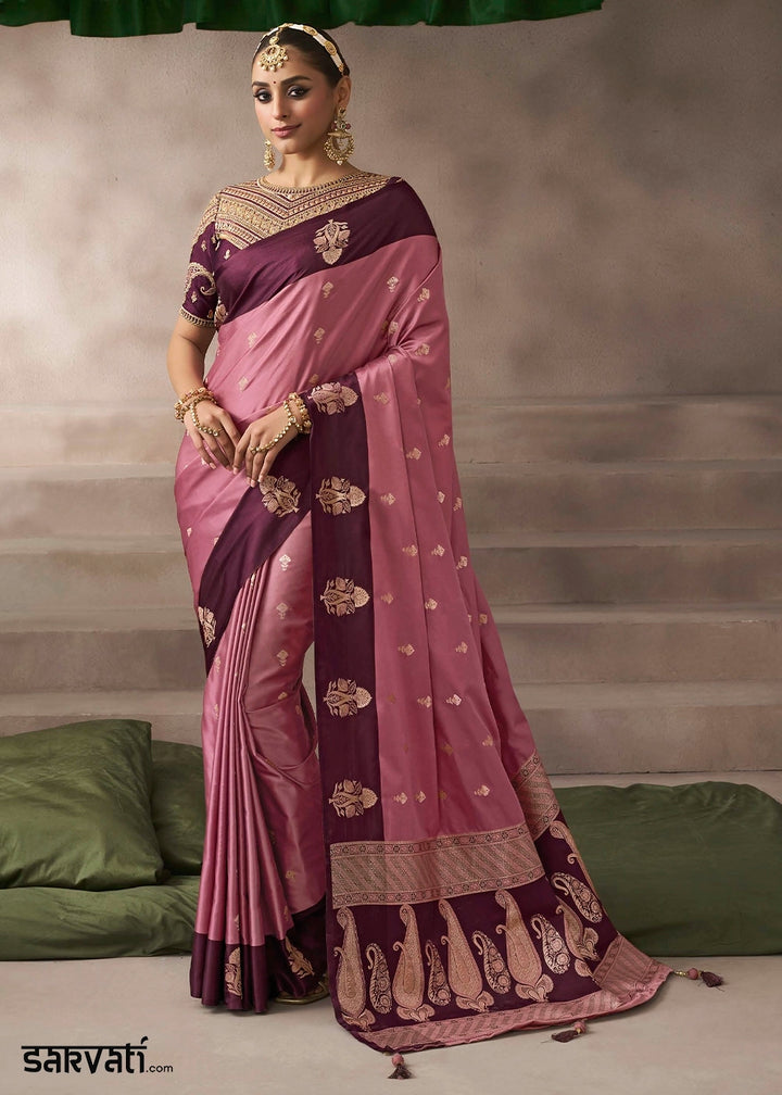 Pearly Purple Satin Silk Saree with Zari Border & Embroidered Blouse