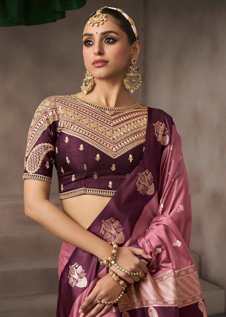 Pearly Purple Satin Silk Saree with Zari Border & Embroidered Blouse