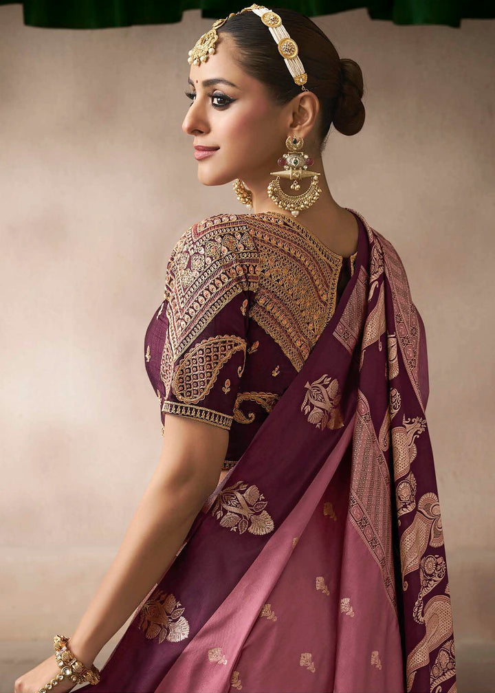 Pearly Purple Satin Silk Saree with Zari Border & Embroidered Blouse