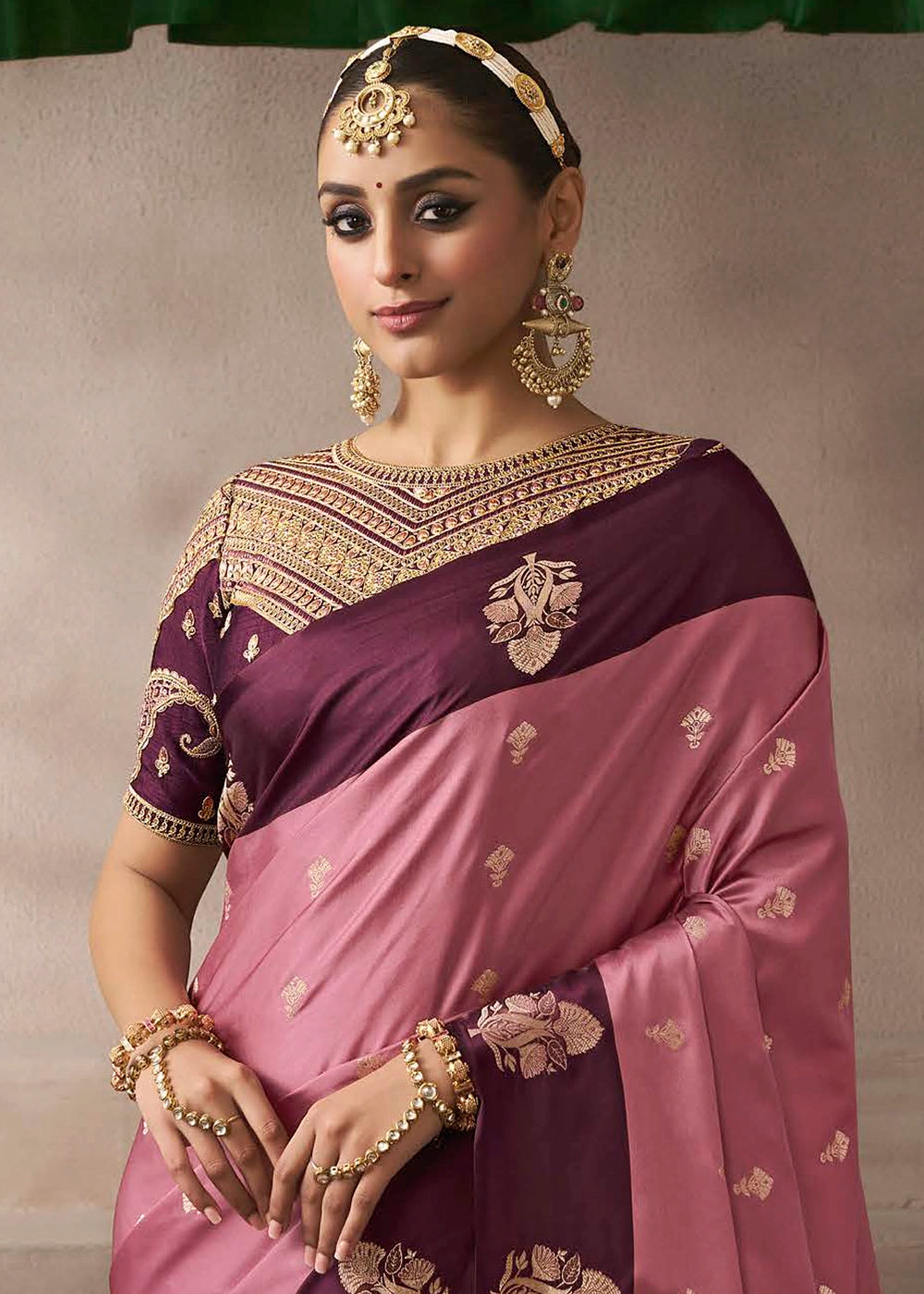 Pearly Purple Satin Silk Saree with Zari Border & Embroidered Blouse