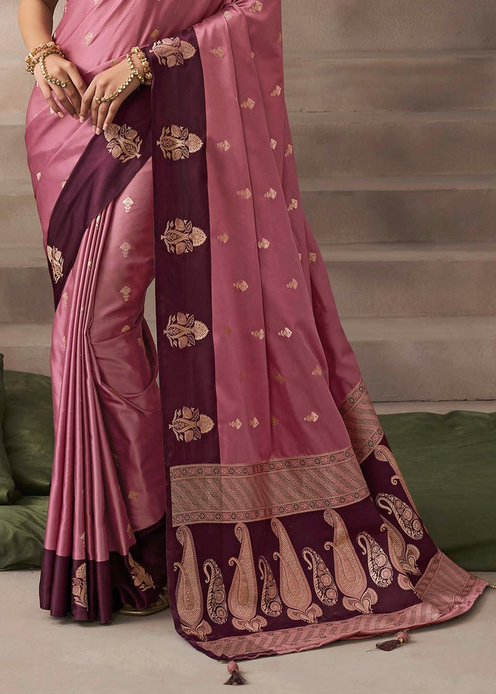 Pearly Purple Satin Silk Saree with Zari Border & Embroidered Blouse