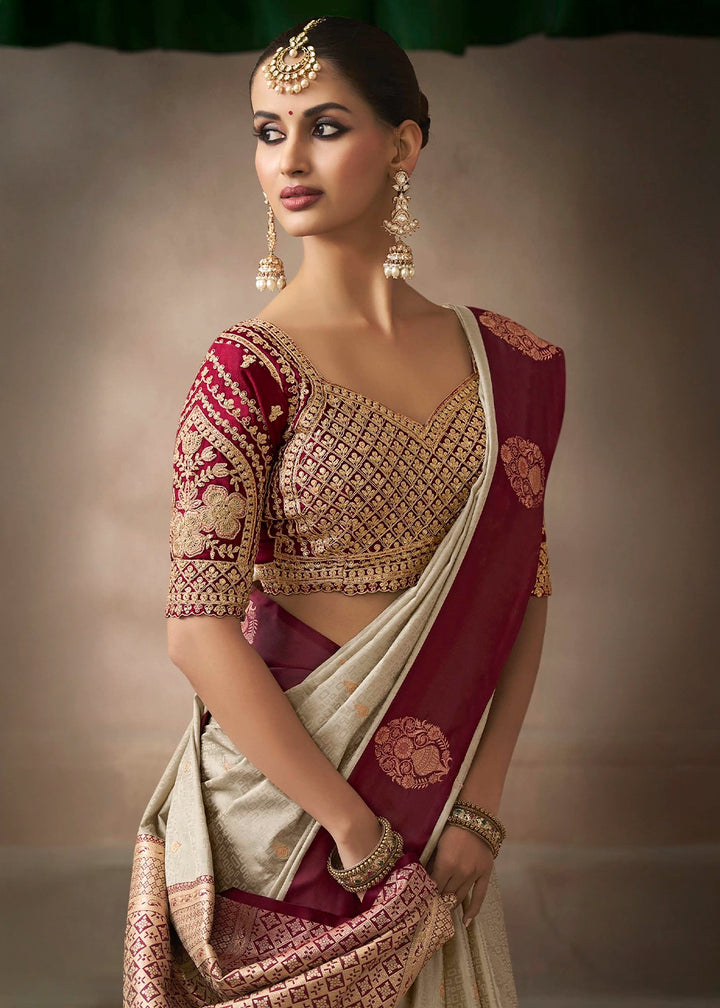 Cream White Satin Silk Saree with Zari Border & Embroidered Blouse