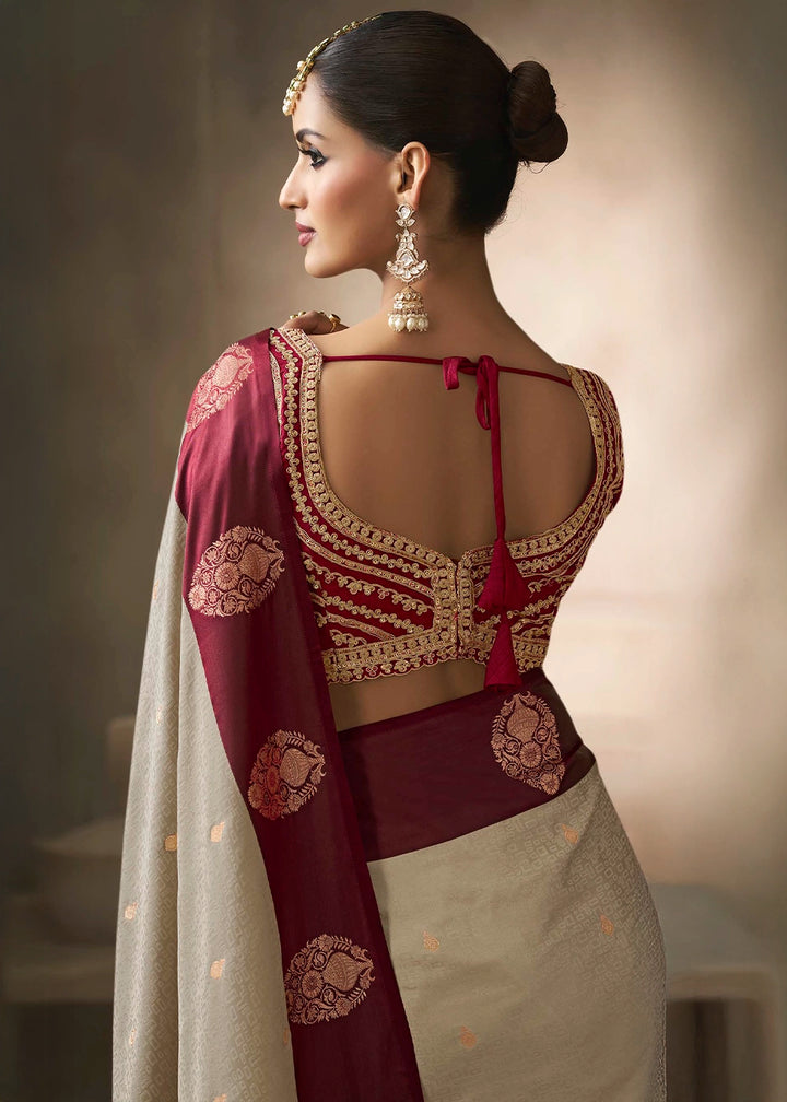 Cream White Satin Silk Saree with Zari Border & Embroidered Blouse