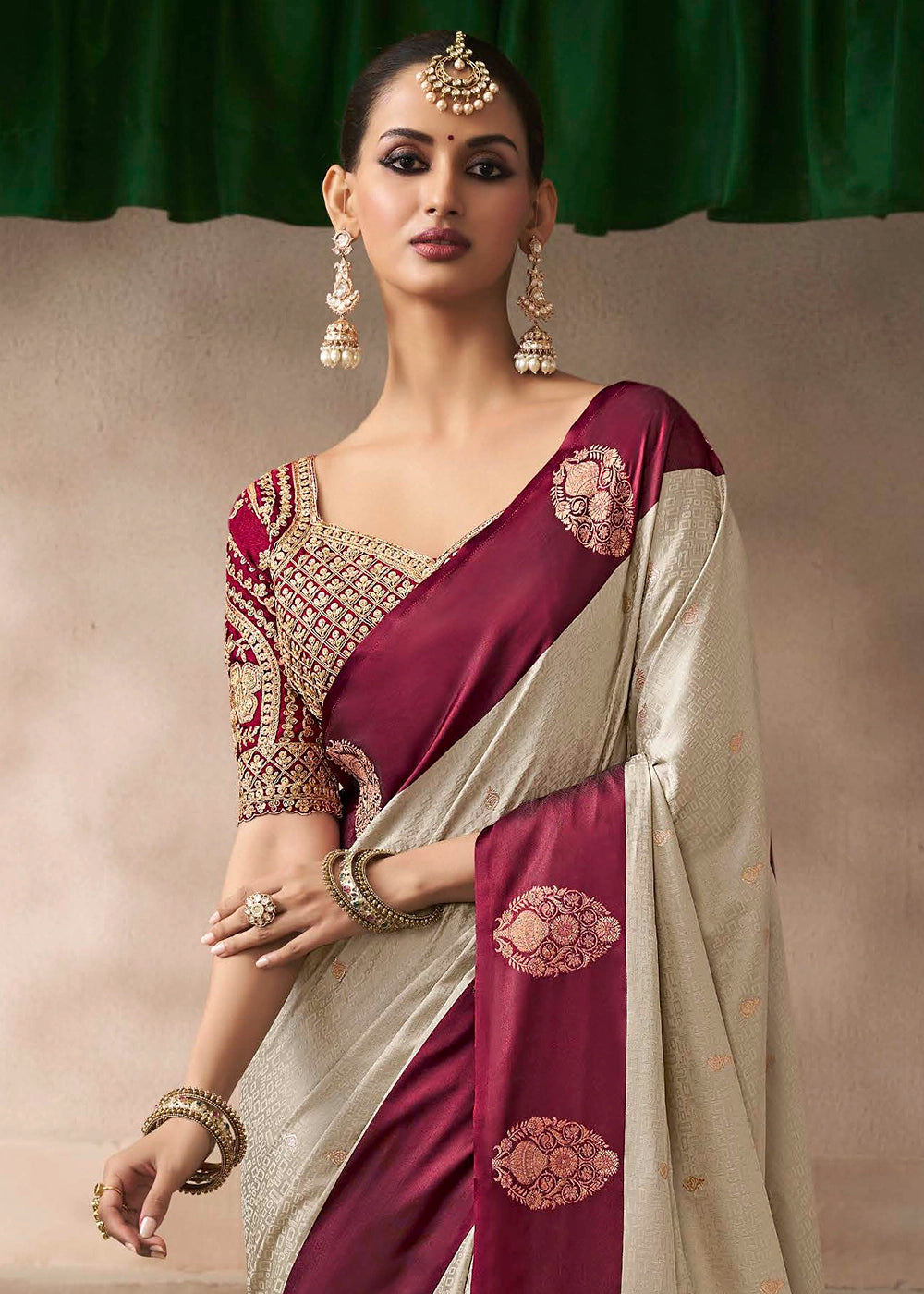 Cream White Satin Silk Saree with Zari Border & Embroidered Blouse