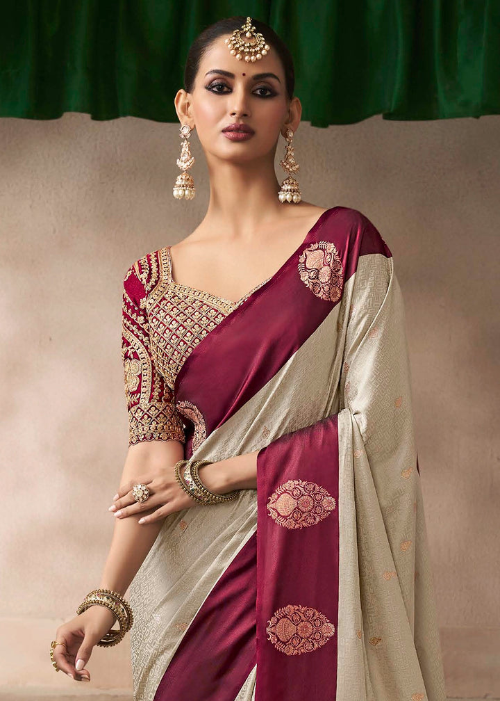 Cream White Satin Silk Saree with Zari Border & Embroidered Blouse