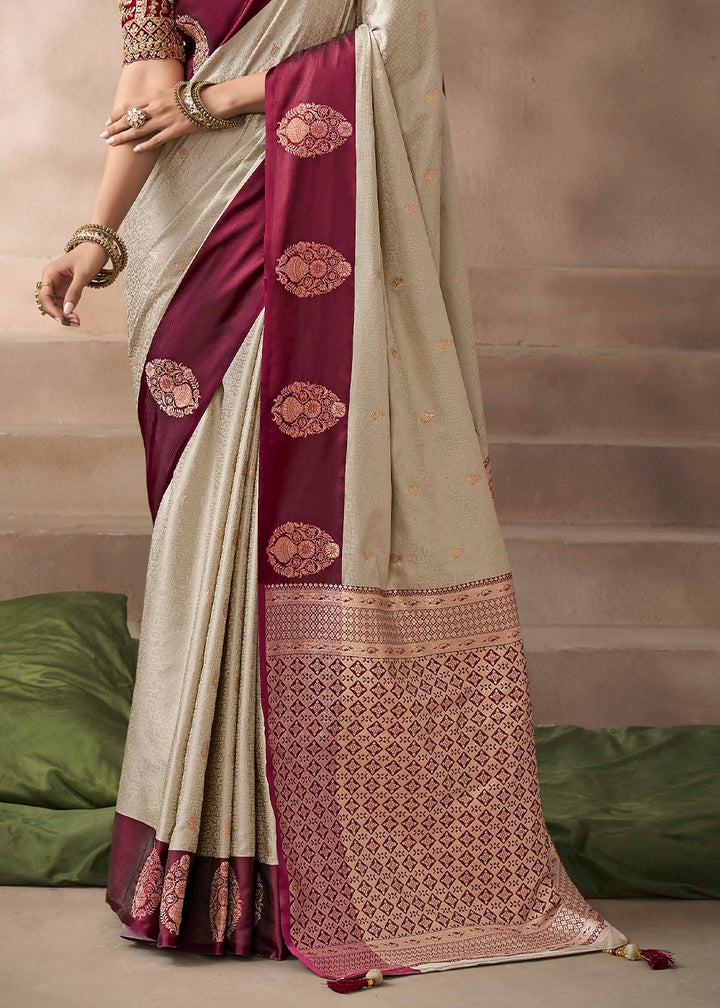 Cream White Satin Silk Saree with Zari Border & Embroidered Blouse
