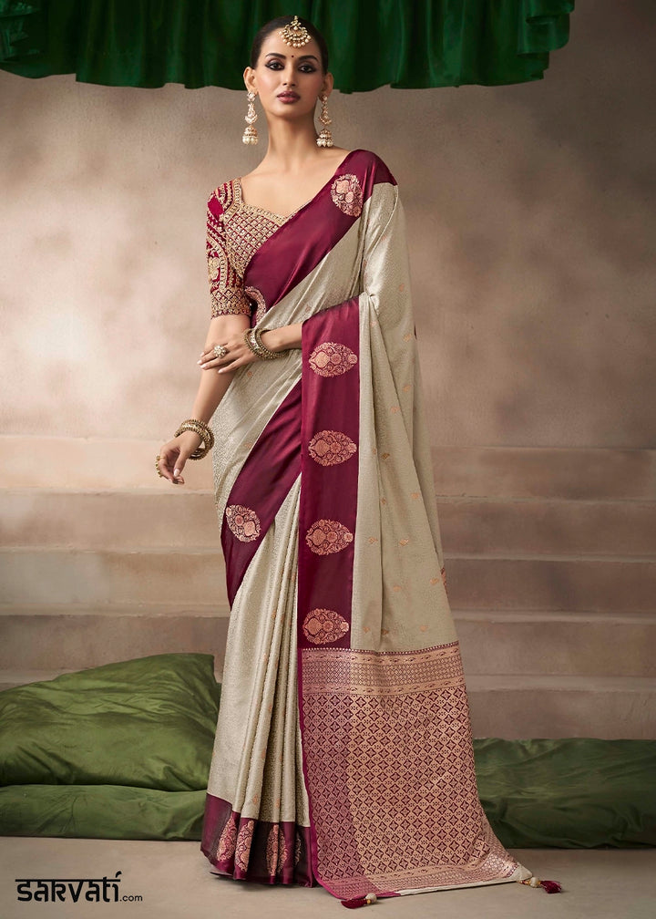 Cream White Satin Silk Saree with Zari Border & Embroidered Blouse
