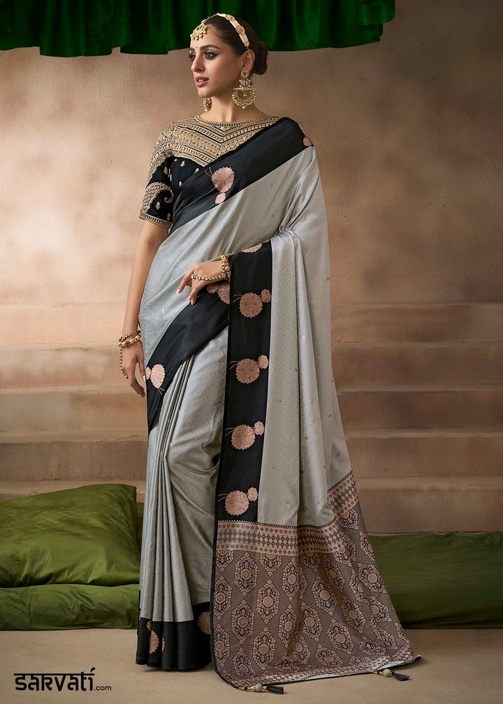 Light Grey Satin Silk Saree with Zari Border & Embroidered Blouse