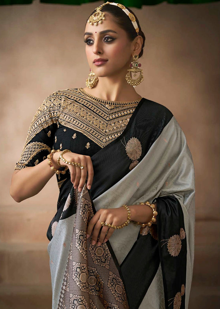 Light Grey Satin Silk Saree with Zari Border & Embroidered Blouse