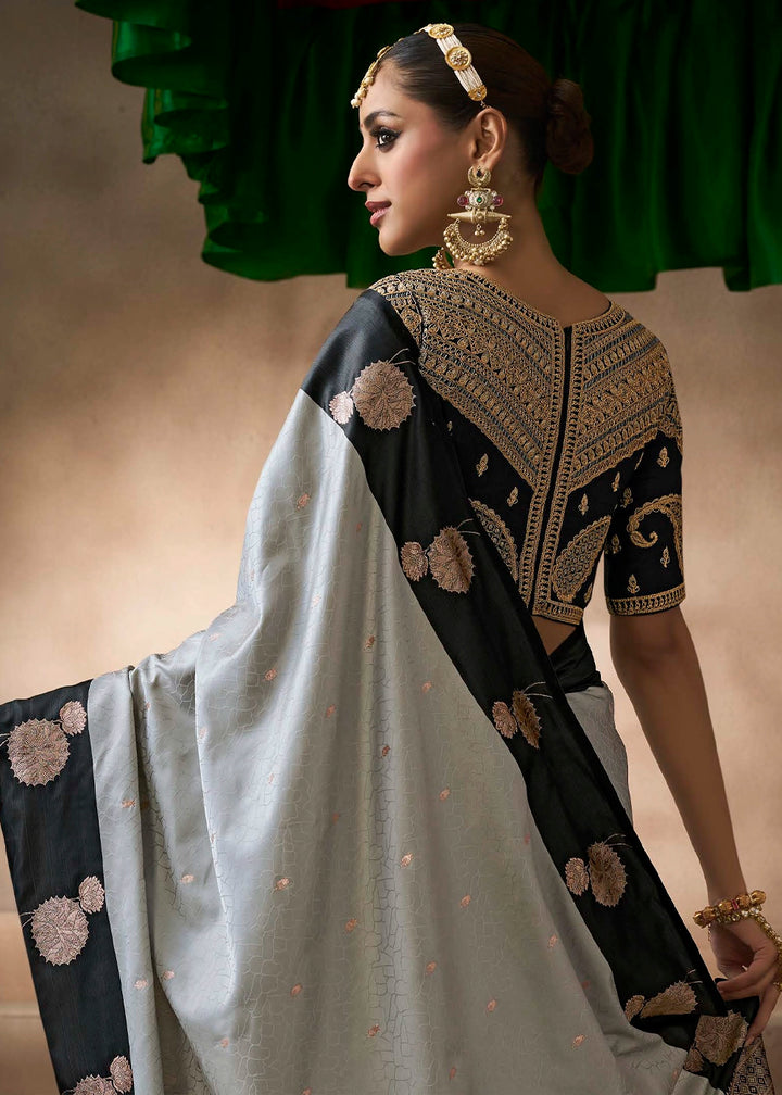 Light Grey Satin Silk Saree with Zari Border & Embroidered Blouse