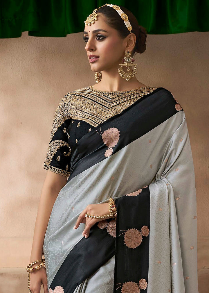Light Grey Satin Silk Saree with Zari Border & Embroidered Blouse