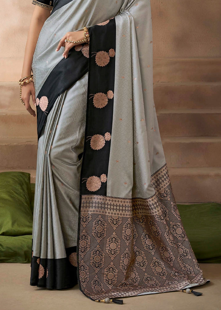 Light Grey Satin Silk Saree with Zari Border & Embroidered Blouse