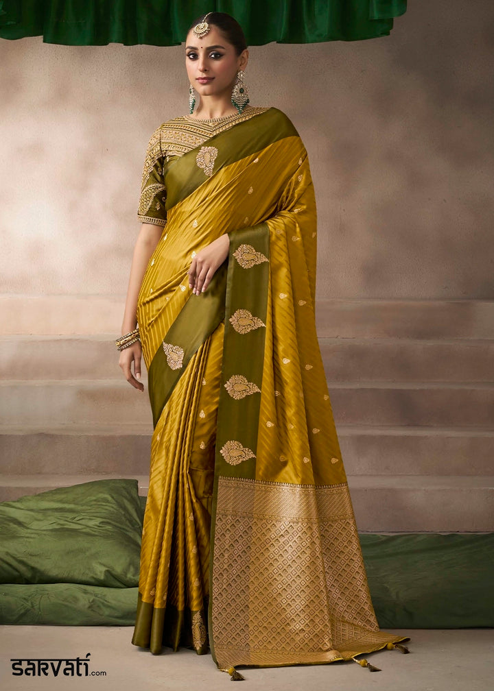Mustard Yellow Satin Silk Saree with Zari Border & Embroidered Blouse