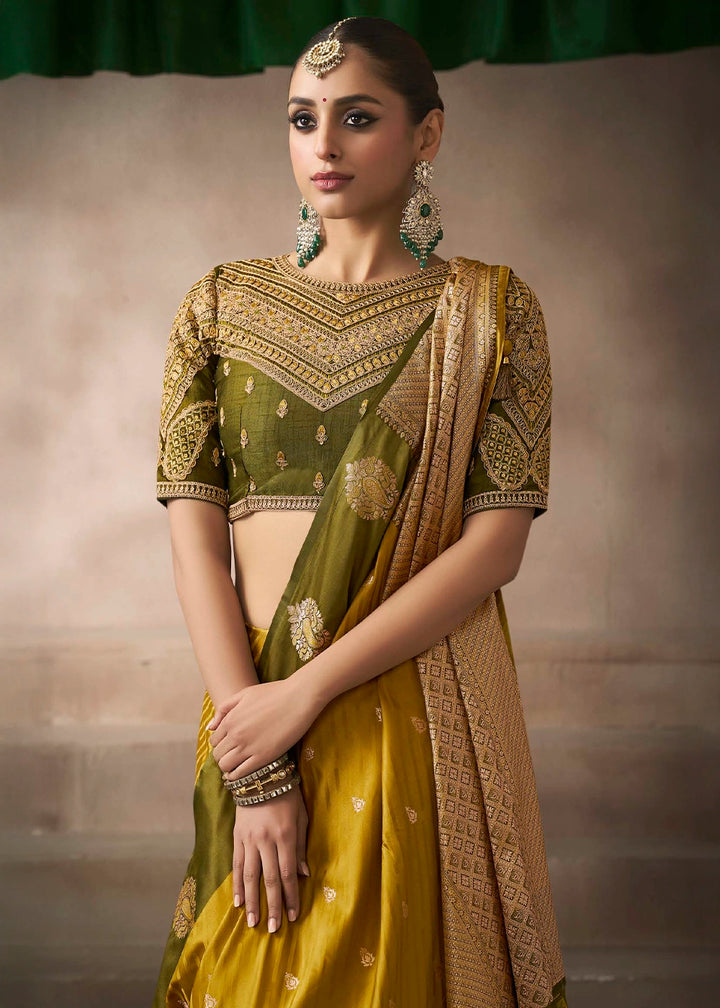 Mustard Yellow Satin Silk Saree with Zari Border & Embroidered Blouse