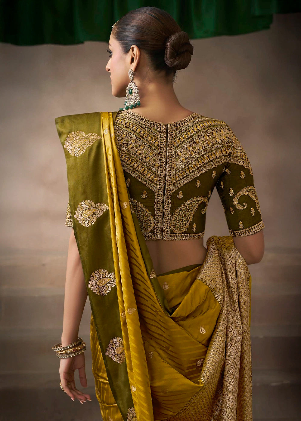 Mustard Yellow Satin Silk Saree with Zari Border & Embroidered Blouse
