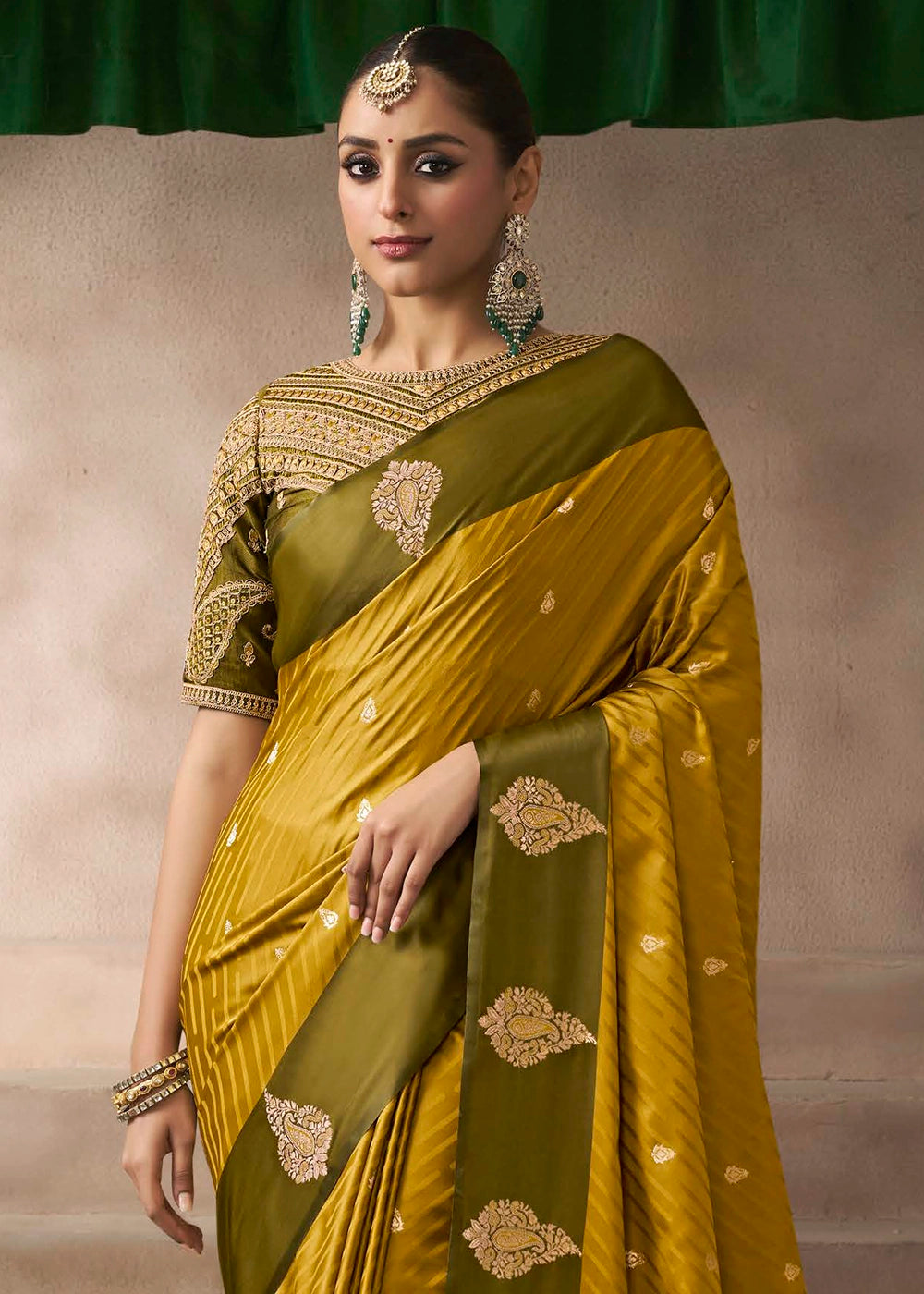 Mustard Yellow Satin Silk Saree with Zari Border & Embroidered Blouse