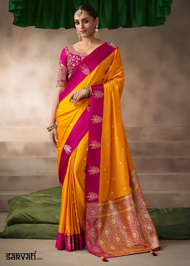 Saffron Yellow Satin Silk Saree with Zari Border & Embroidered Blouse