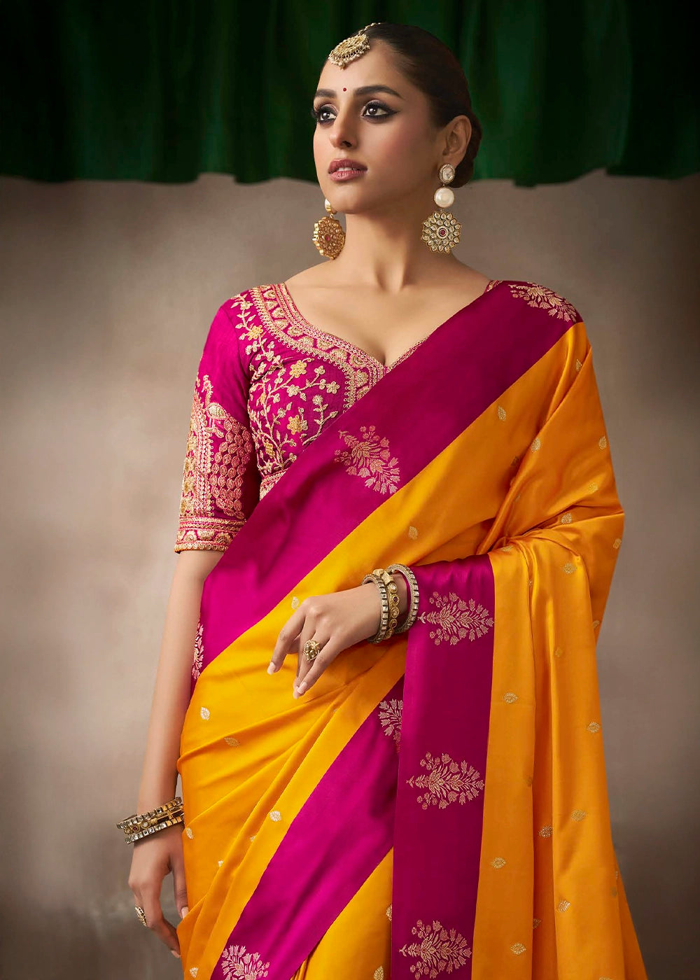 Saffron Yellow Satin Silk Saree with Zari Border & Embroidered Blouse