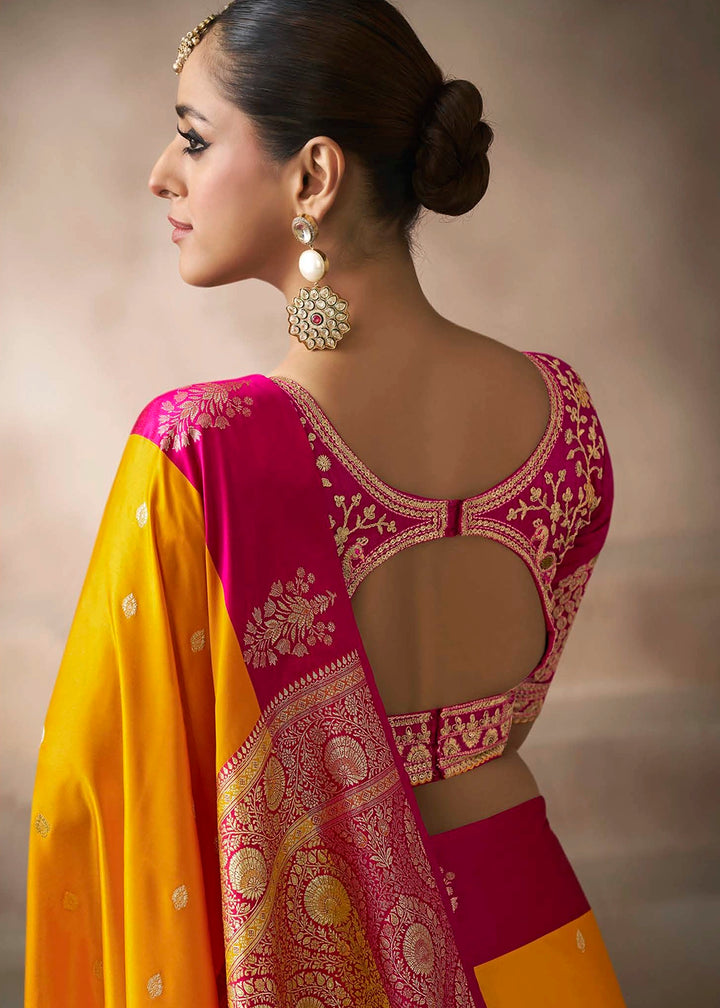 Saffron Yellow Satin Silk Saree with Zari Border & Embroidered Blouse