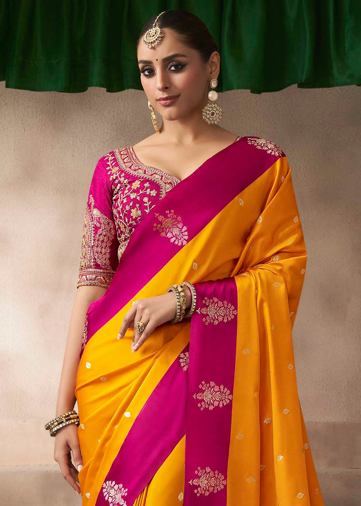 Saffron Yellow Satin Silk Saree with Zari Border & Embroidered Blouse