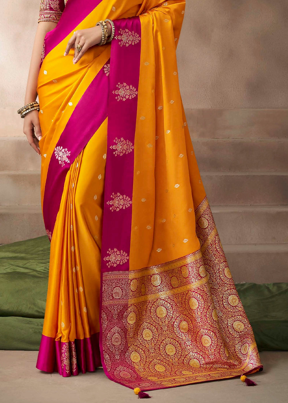 Saffron Yellow Satin Silk Saree with Zari Border & Embroidered Blouse