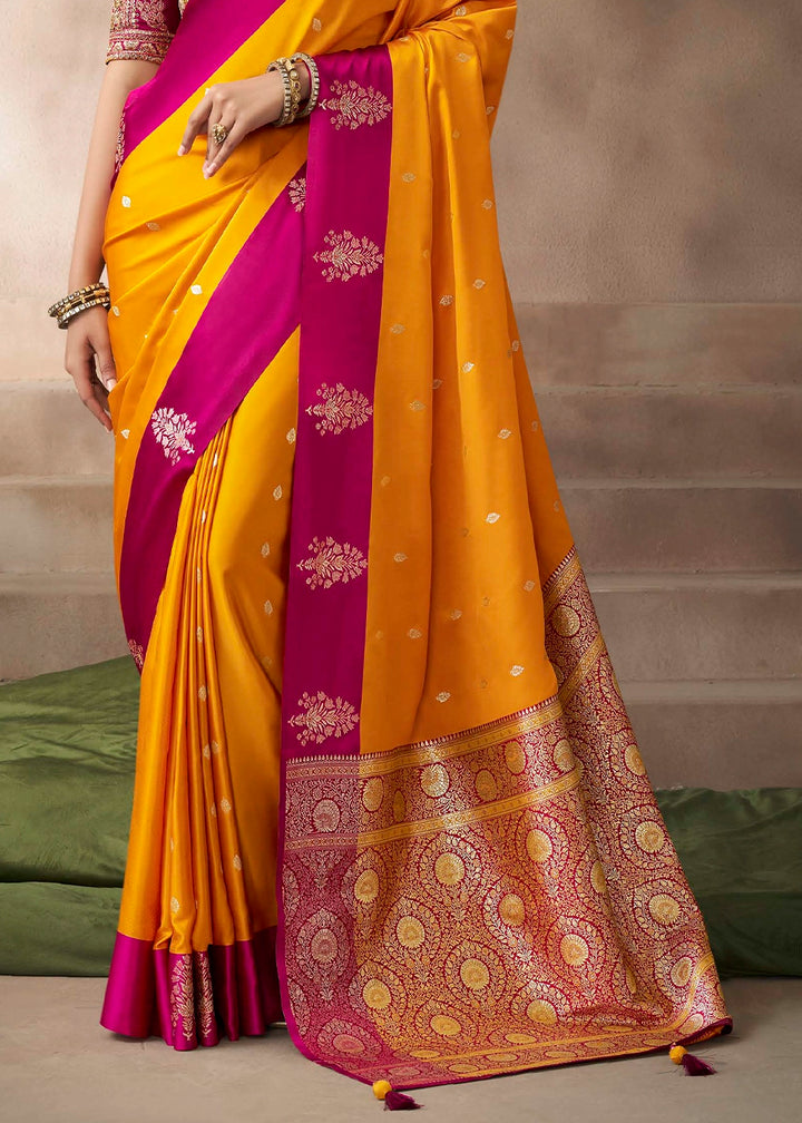 Saffron Yellow Satin Silk Saree with Zari Border & Embroidered Blouse