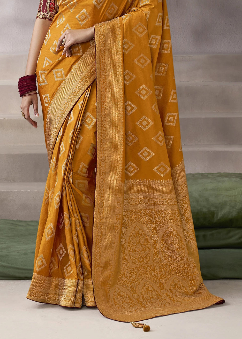 Pumpkin Orange Crepe Silk Saree with Contrast Embroidered Blouse