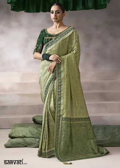 Light Green Crepe Silk Saree with Contrast Embroidered Blouse