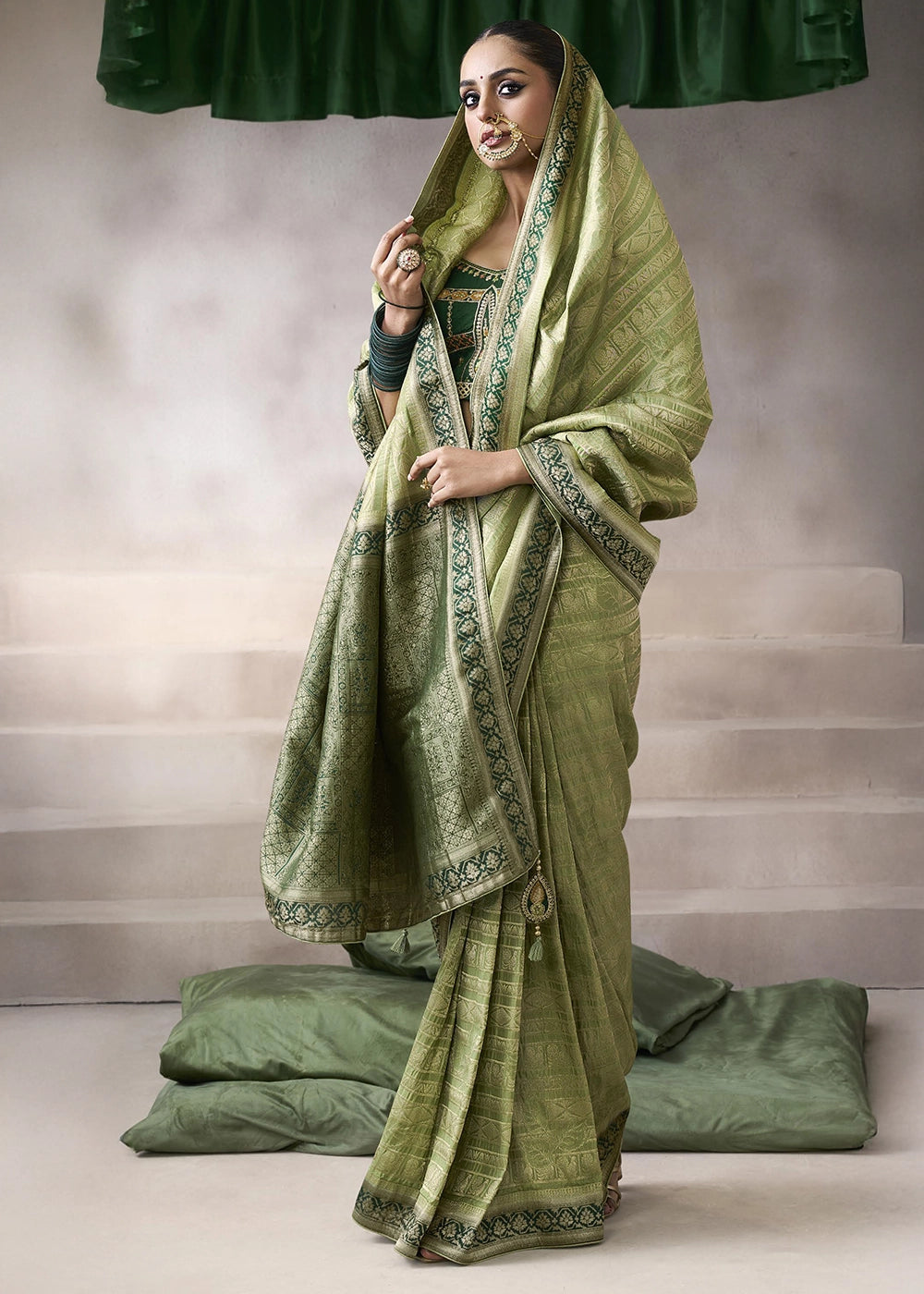 Light Green Crepe Silk Saree with Contrast Embroidered Blouse