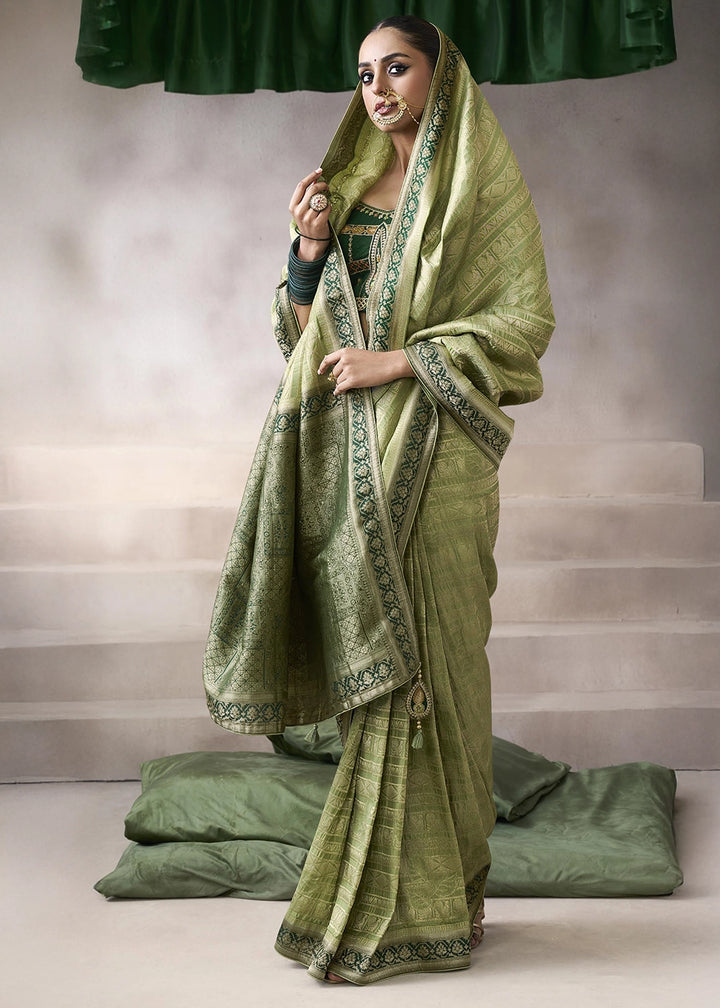 Light Green Crepe Silk Saree with Contrast Embroidered Blouse