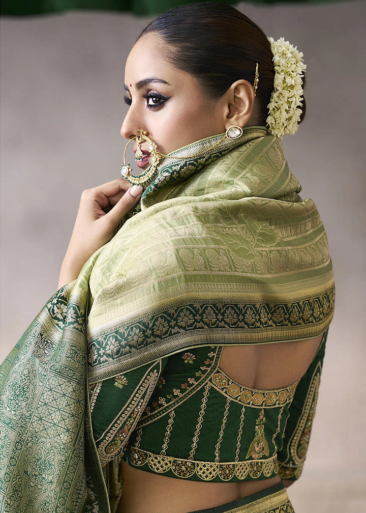 Light Green Crepe Silk Saree with Contrast Embroidered Blouse