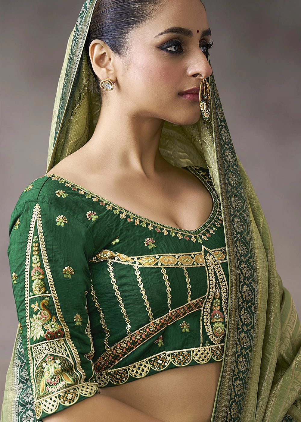 Light Green Crepe Silk Saree with Contrast Embroidered Blouse